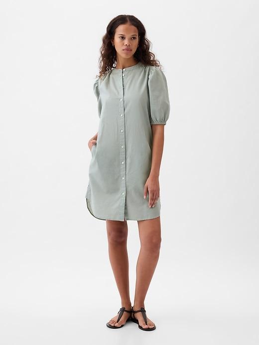 Linen-Cotton Puff Sleeve Mini Shirtdress Product Image