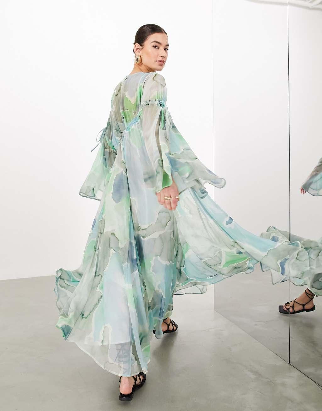 ASOS EDITION long sleeve chiffon maxi dress with gathered detail in blue watercolor print Product Image