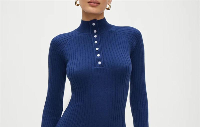 Long Sleeve Mock Neck Plain Ribbed Knit Bodycon Mini Dress Product Image