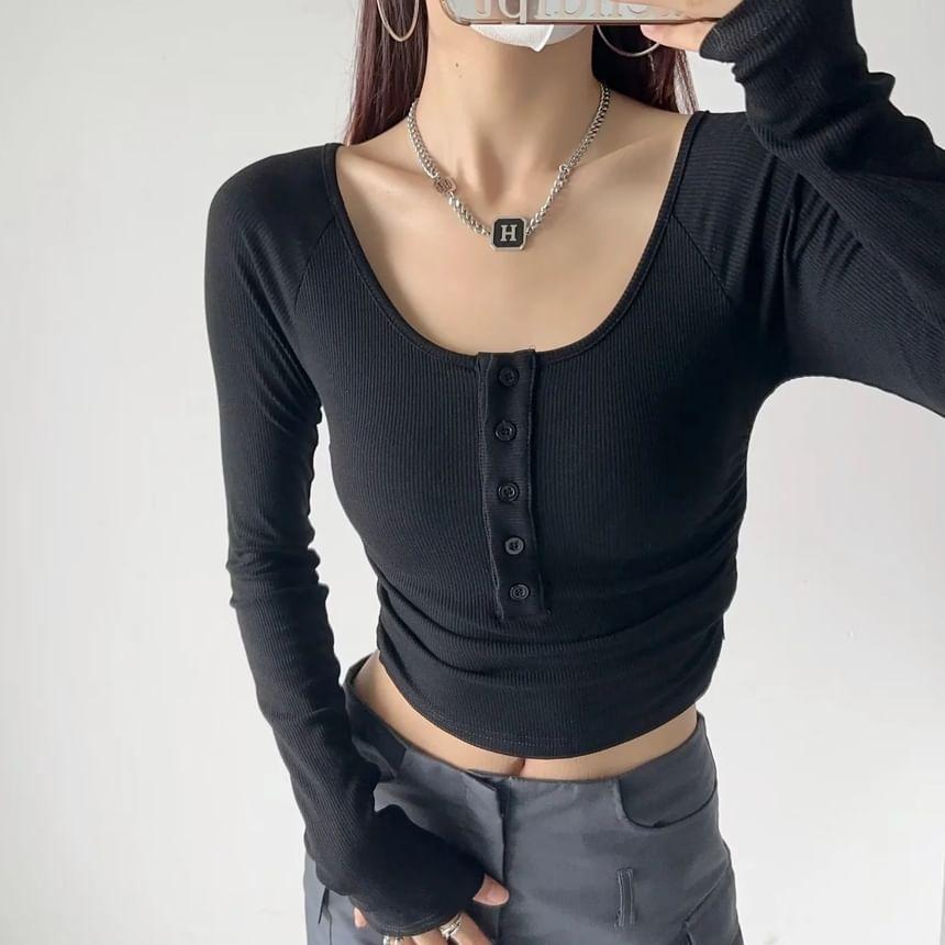 Off-Shoulder Long-Sleeve Plain Shirred Henley T-Shirt Product Image