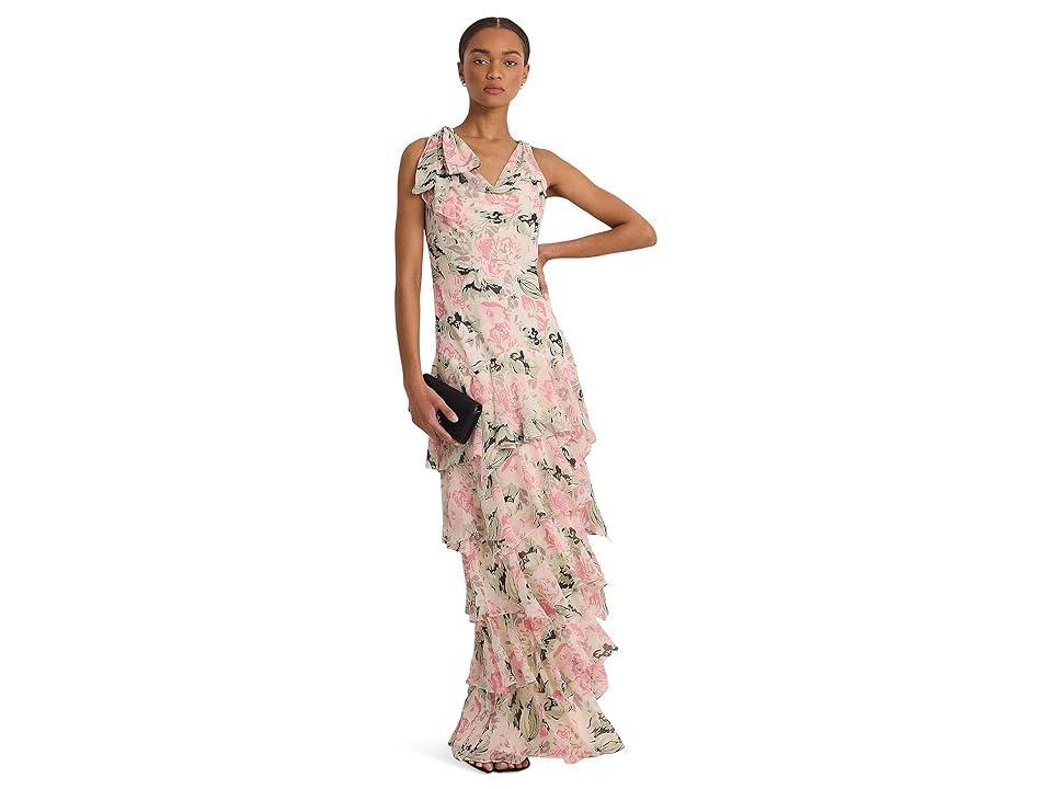 LAUREN Ralph Lauren Floral Crinkle Georgette Tiered Gown (Cream/Pink/Multi) Women's Dress Product Image