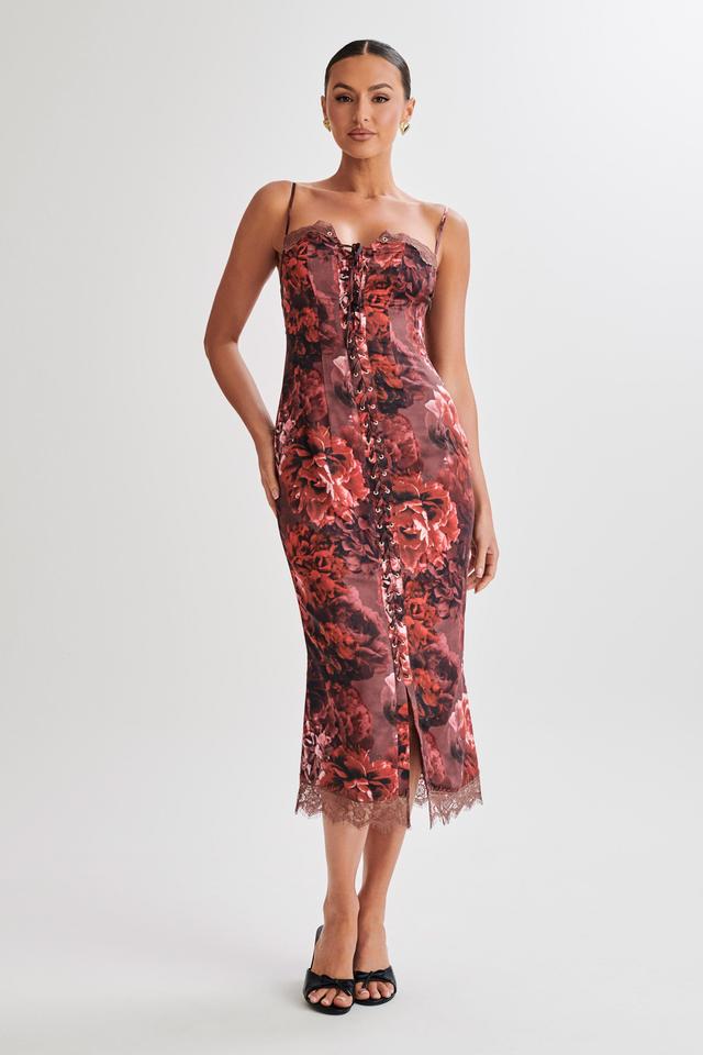 Makayla Midi Dress With Lace - Peony Print Product Image