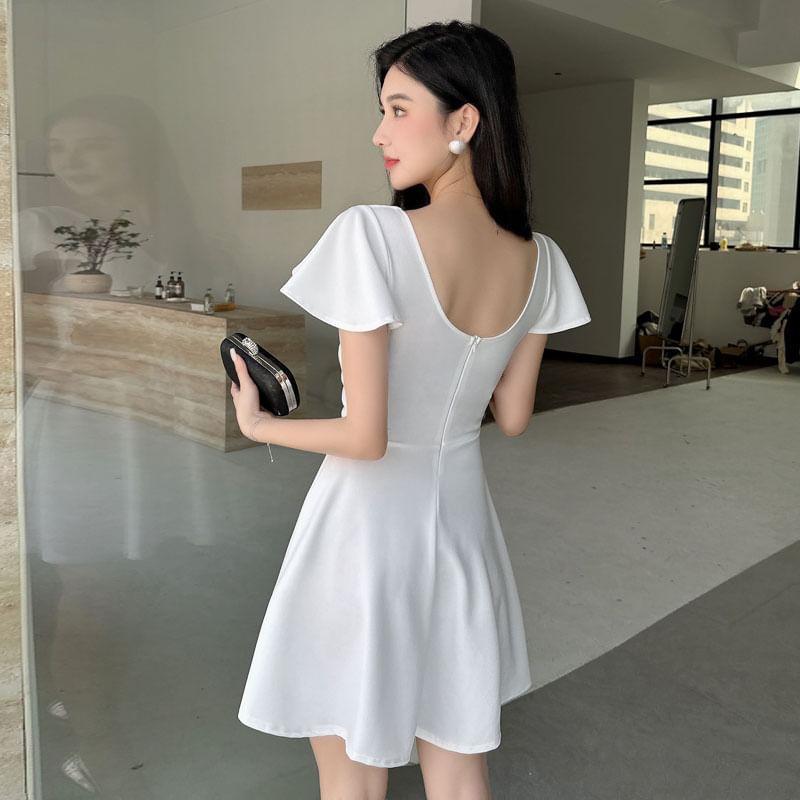 Cap-Sleeve V-Neck Plain Mini A-Line Dress Product Image