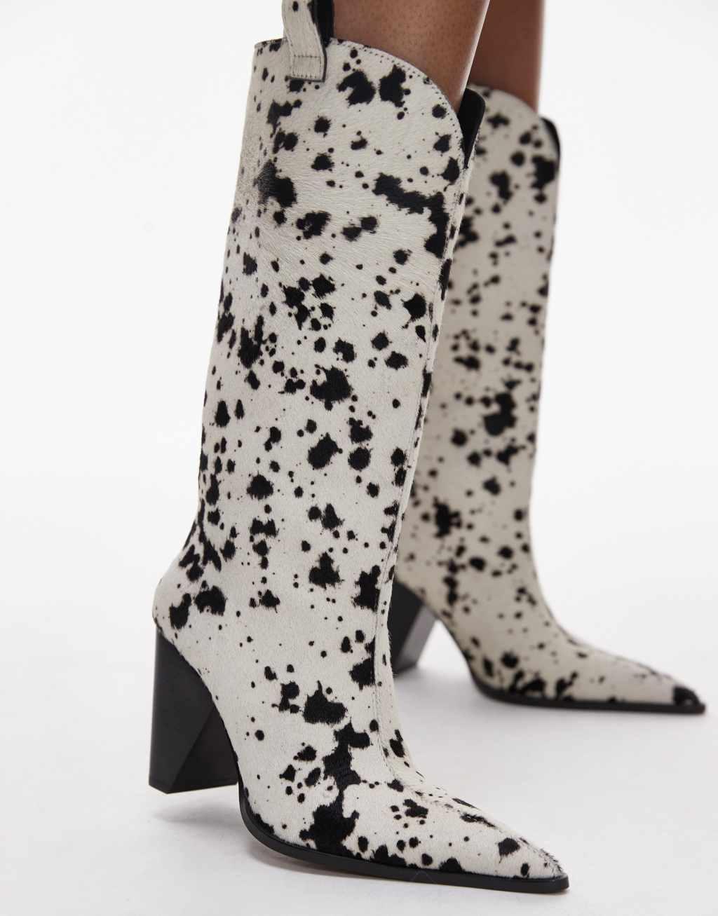 Topshop Remy premium leather heeled western boot in cow print pony Product Image