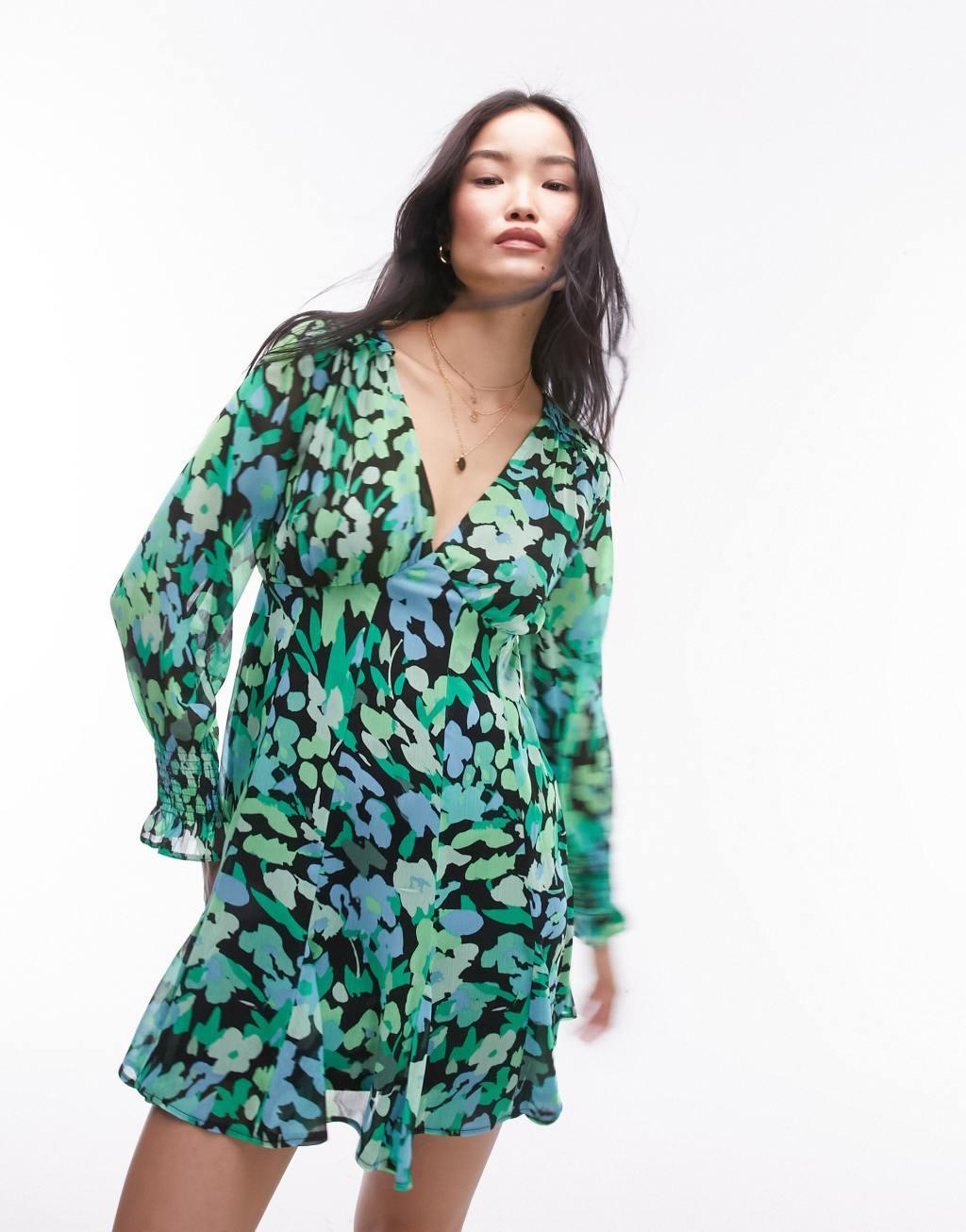 Topshop long sleeve godet mini tea dress in green floral print Product Image