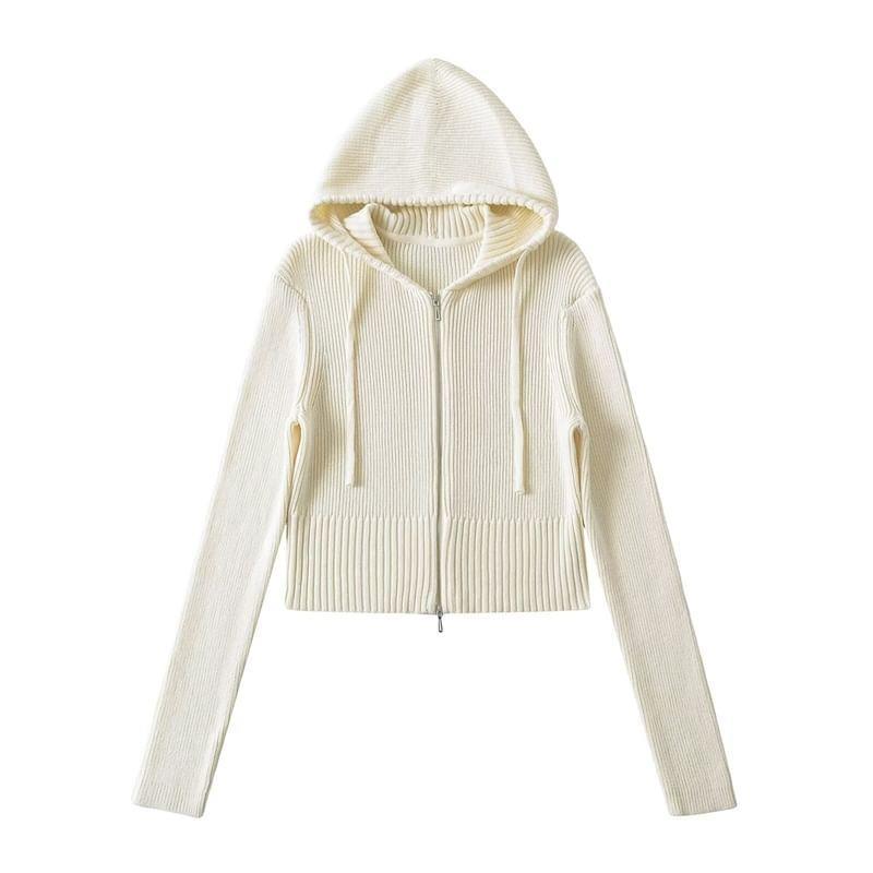 Drawstring Hooded Plain Zip Up Cropped Ribbed Knitted Cardigan Product Image