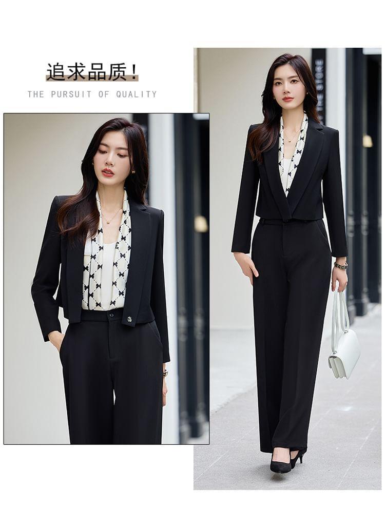 Notch Lapel Plain Single Breasted Blazer / High Rise Wide Leg Slacks / Set Product Image