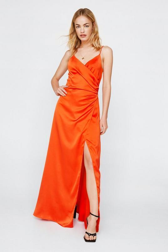 Satin V Neck Slit Maxi Dress Product Image