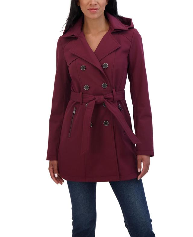 Sebby Collection Womens Belted Double Breasted Soft Shell Trench Coat With Detachable Hood Product Image