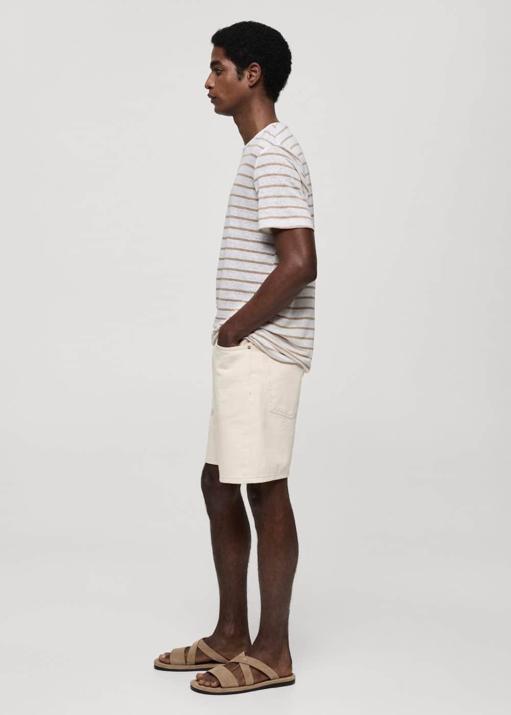 MANGO MAN - 100% linen striped t-shirt whiteMen Product Image