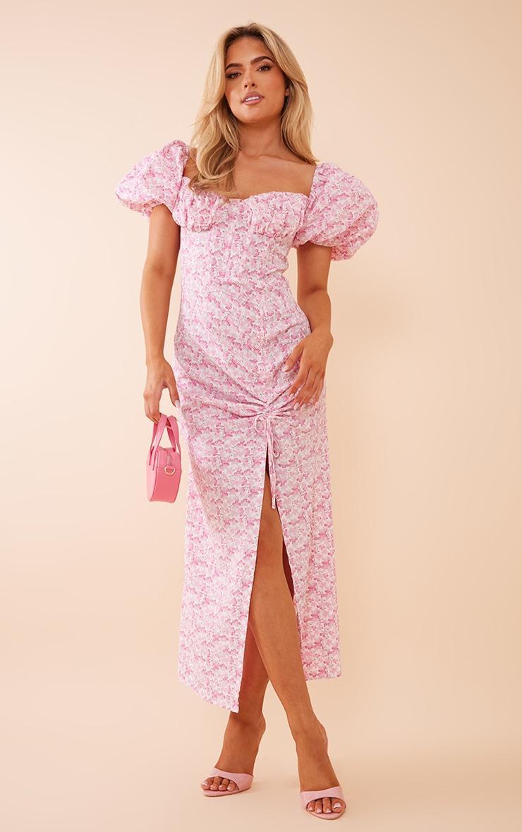 Pink Floral Satin Puff Sleeve Corset Ruched Midaxi Dress product image