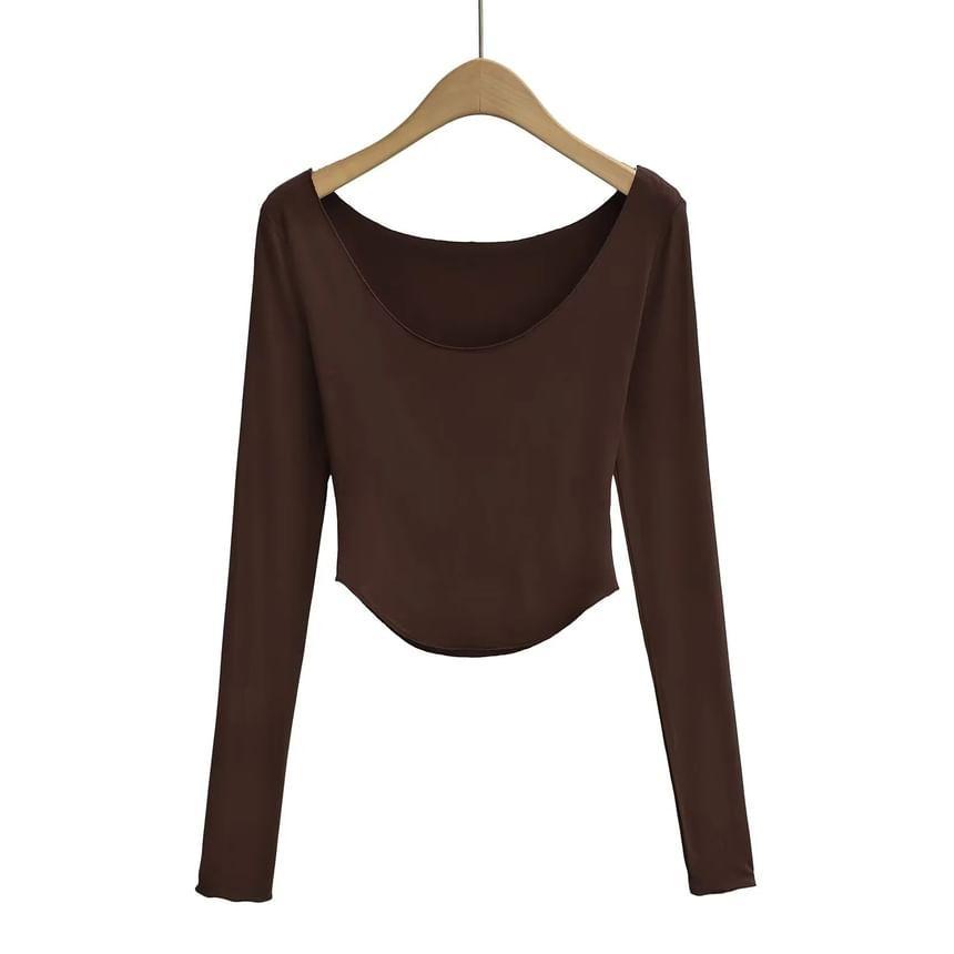 Long-Sleeve Scoop Neck Plain Crop Tee Product Image