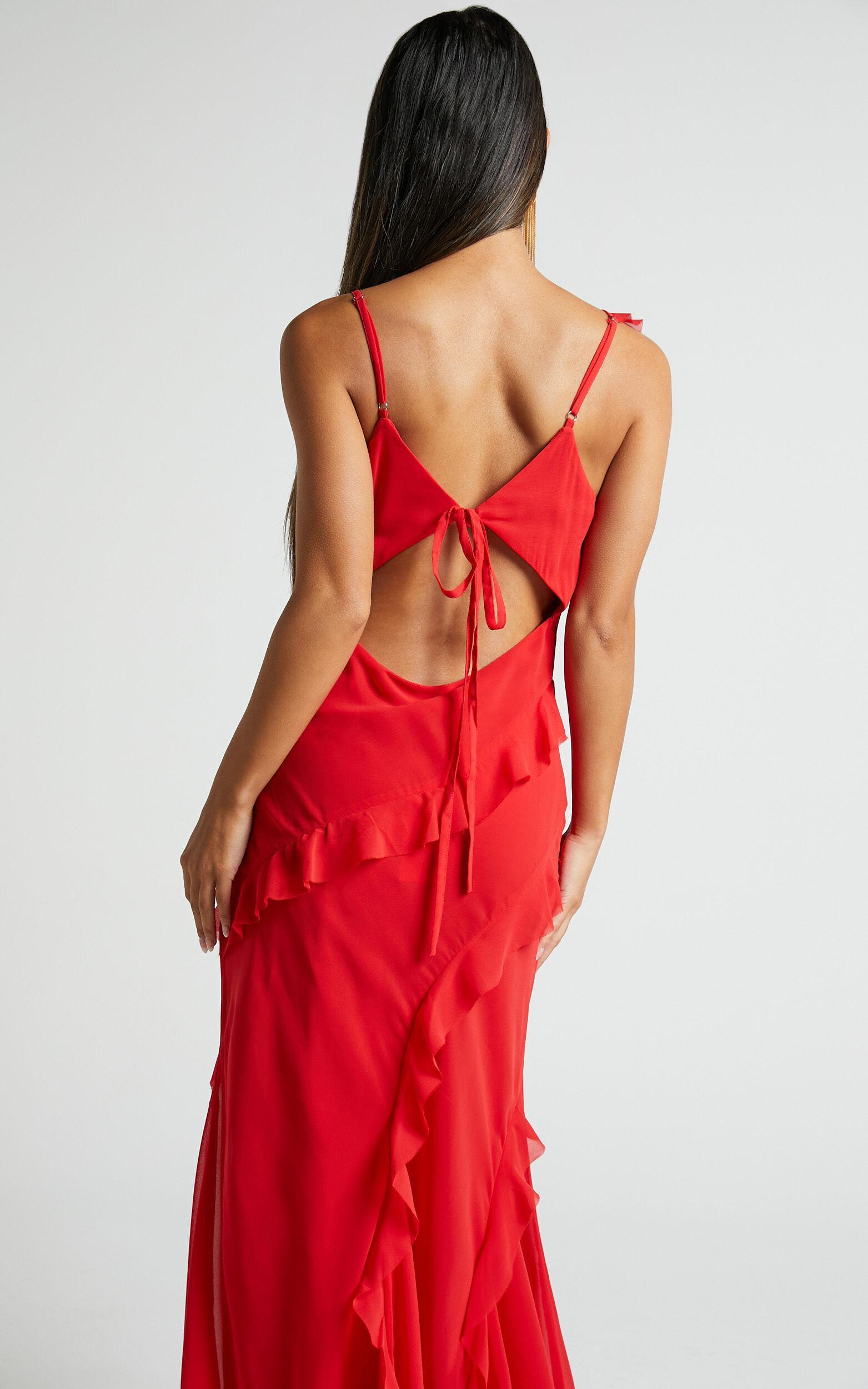 Nitha Maxi Dress - Asymmetrical Frill Thigh Split Dress in Red Product Image