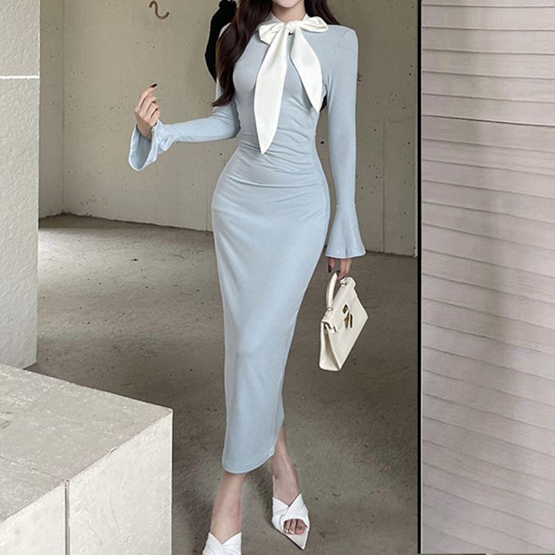 Flared-Sleeve Plain Bow Maxi Sheath Dress Product Image