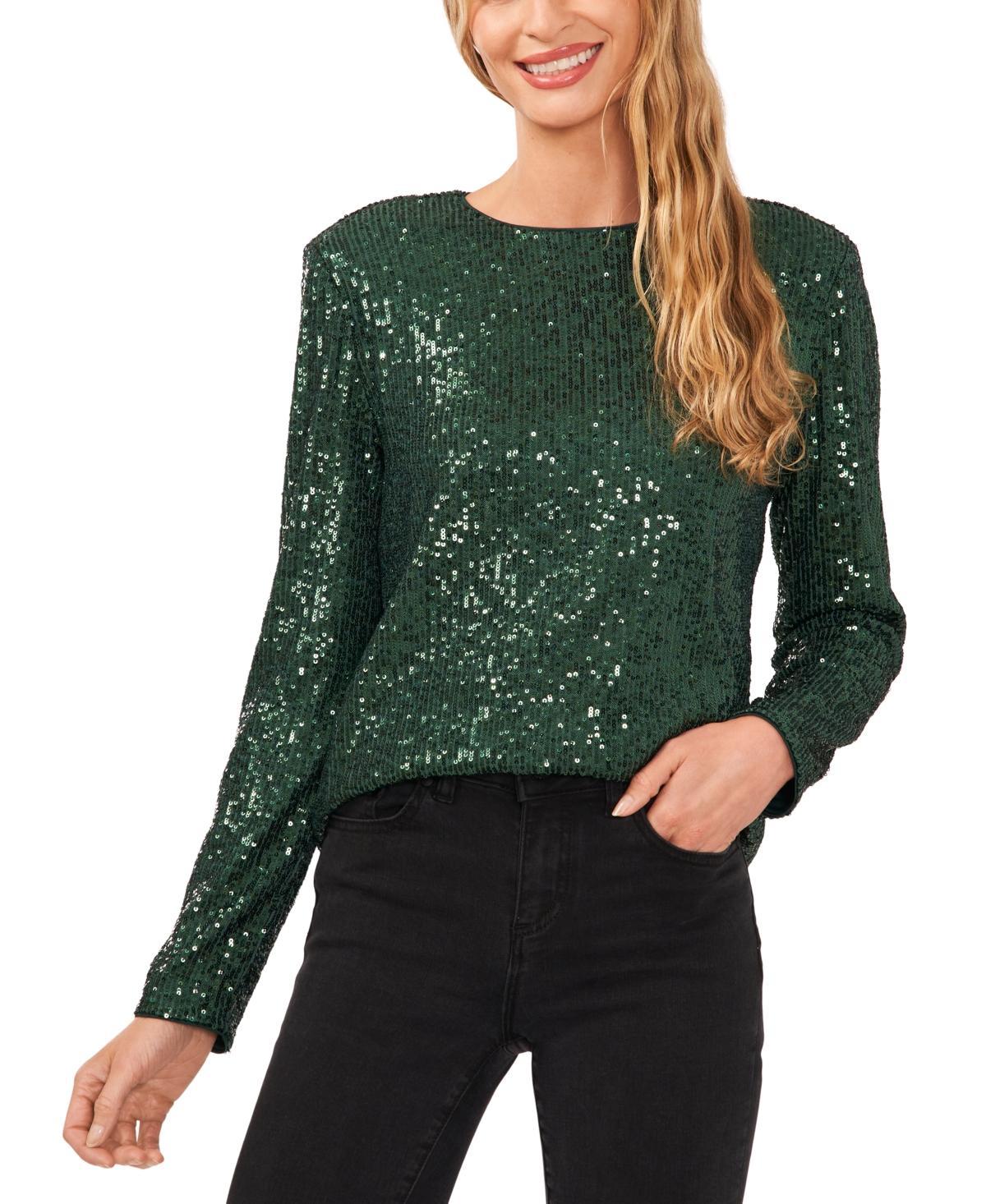 CeCe Womens Long Sleeve Crew Neck Sequin Blouse Product Image