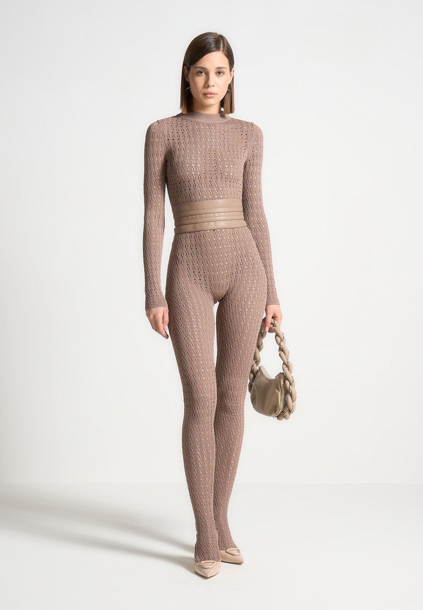 Pointelle Knit Long Sleeve Jumpsuit with Belt - Taupe Female Product Image