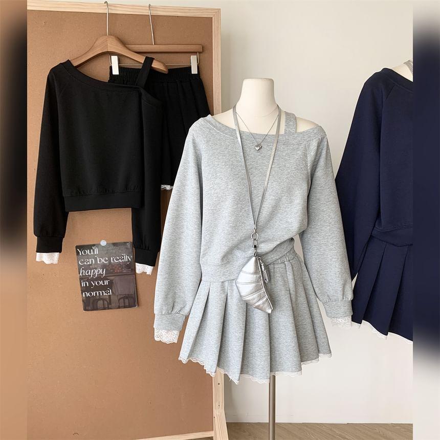 Set: Cold Shoulder Mock Two Piece Sweatshirt + Mid Rise Plain Mini Pleated Skirt Product Image