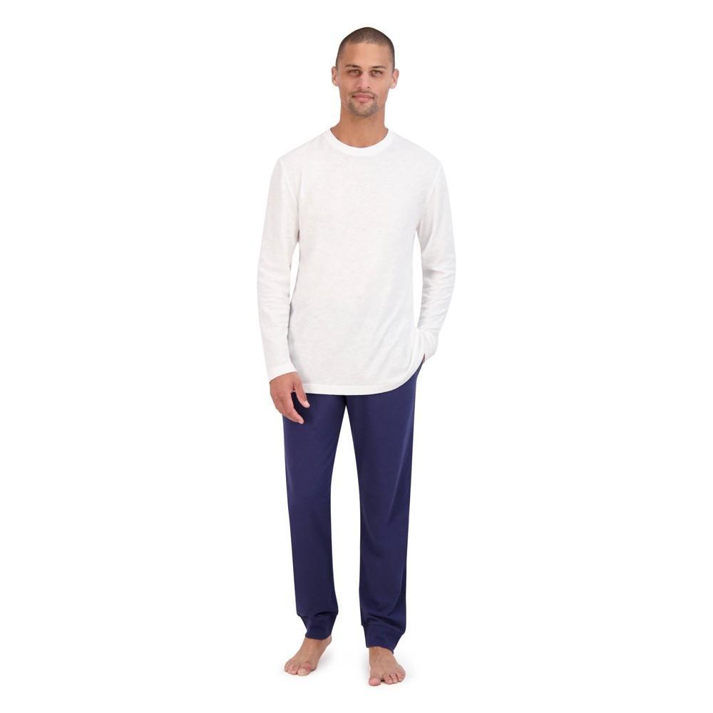 Hanes Originals Mens 2pc Super Soft French Terry Joggers + Long Sleeve Slub Crewneck Sleep Pajama Set - White/Indigo XXL Product Image