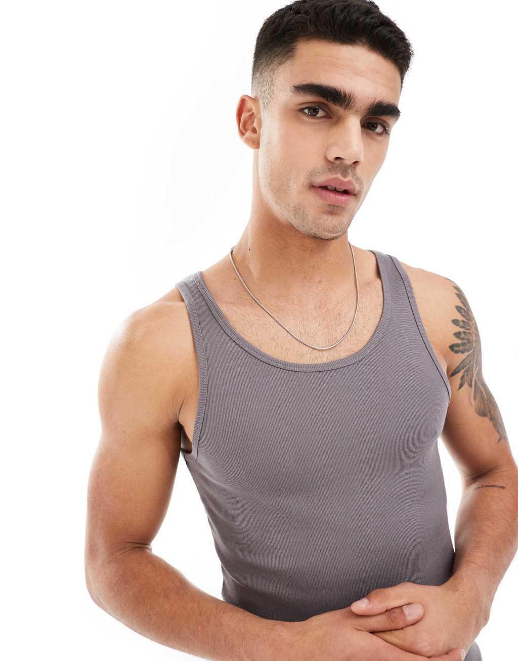 ASOS DESIGN capsule collection rib muscle tank top in charcoal Product Image