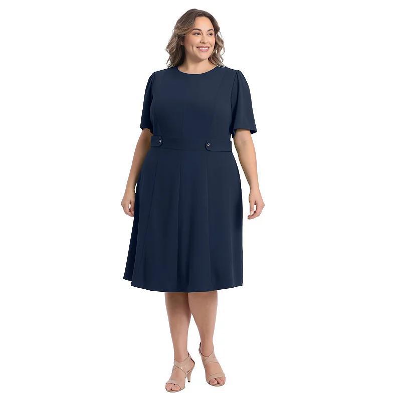 Plus Size London Times Short Sleeve Fit & Flare Midi Dress, Womens Blue Product Image