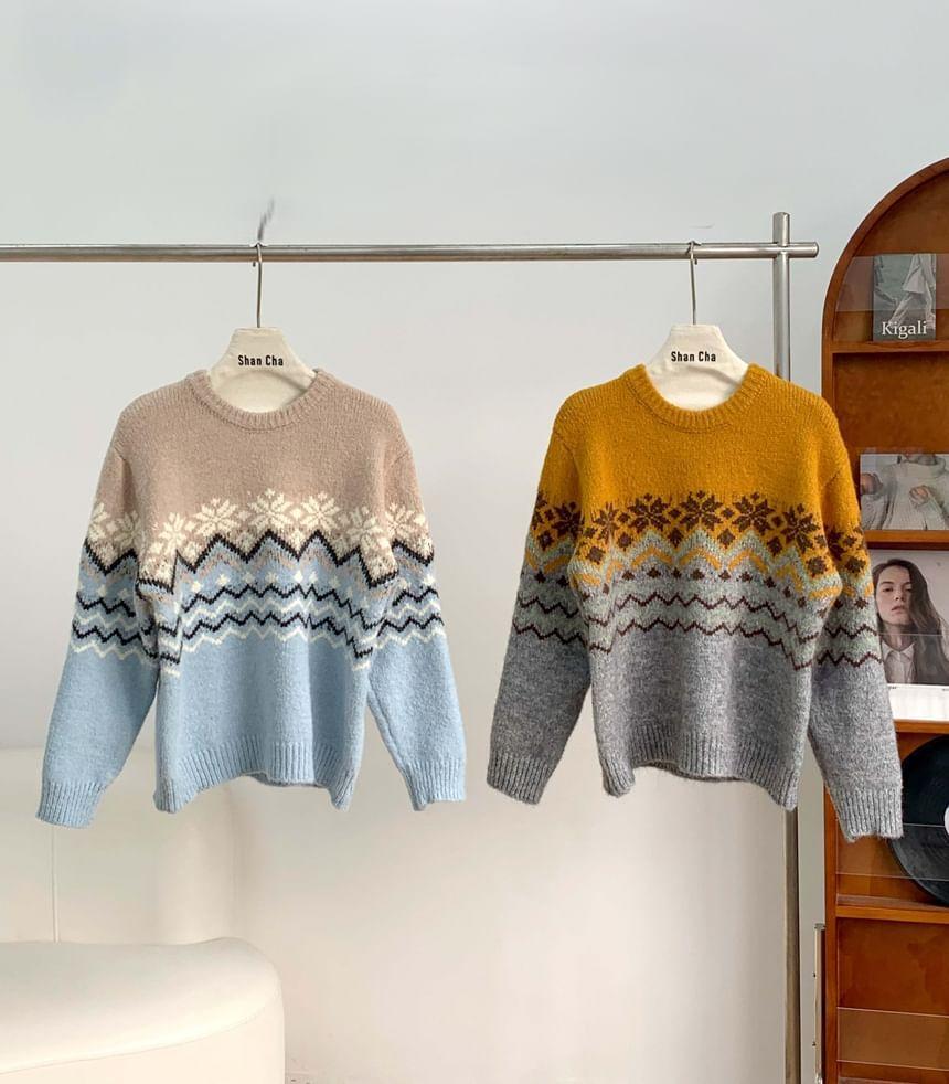 Round Neck Patterned Oversized Sweater Product Image