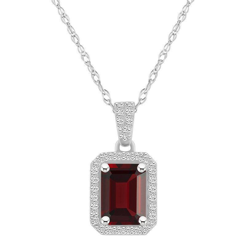 Celebration Gems 10k White Gold Emerald Cut Gemstone & Lab-Created White Sapphire Halo Pendant Necklace, Womens Red Product Image