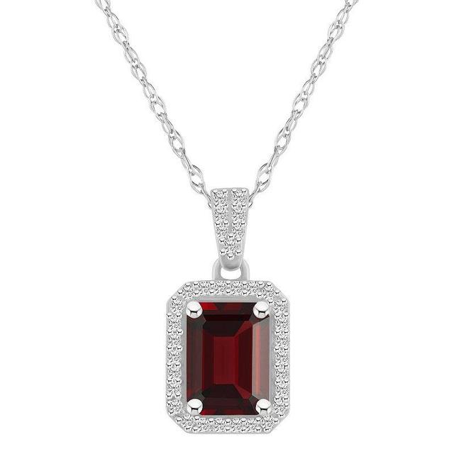 Celebration Gems 10k White Gold Emerald Cut Gemstone & Lab-Created White Sapphire Halo Pendant Necklace, Womens Red Product Image