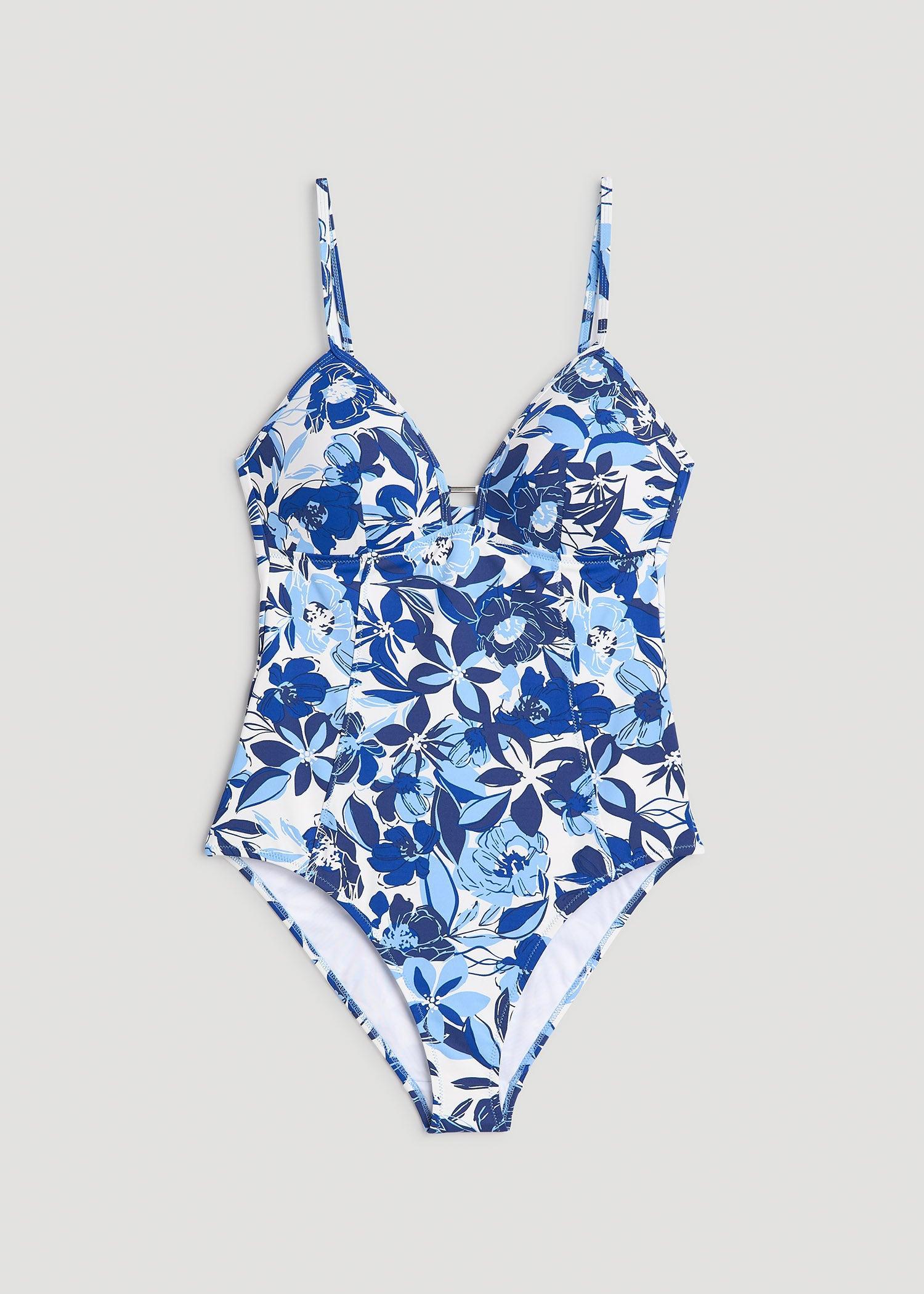 Low Cut One-Piece Swimsuit for Tall Women in Blue and White Floral Female Product Image