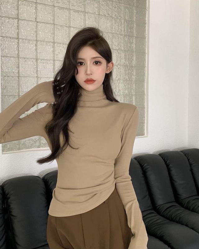 Long-Sleeve Turtleneck Plain Slim-Fit Top Product Image