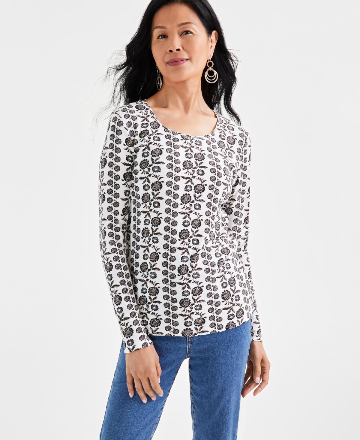 Style & Co Womens Printed Long Sleeve Scoop-Neck Top, Created for Macys Product Image