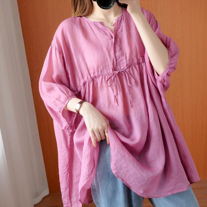 3/4-Sleeve Linen Blend Blouse Product Image