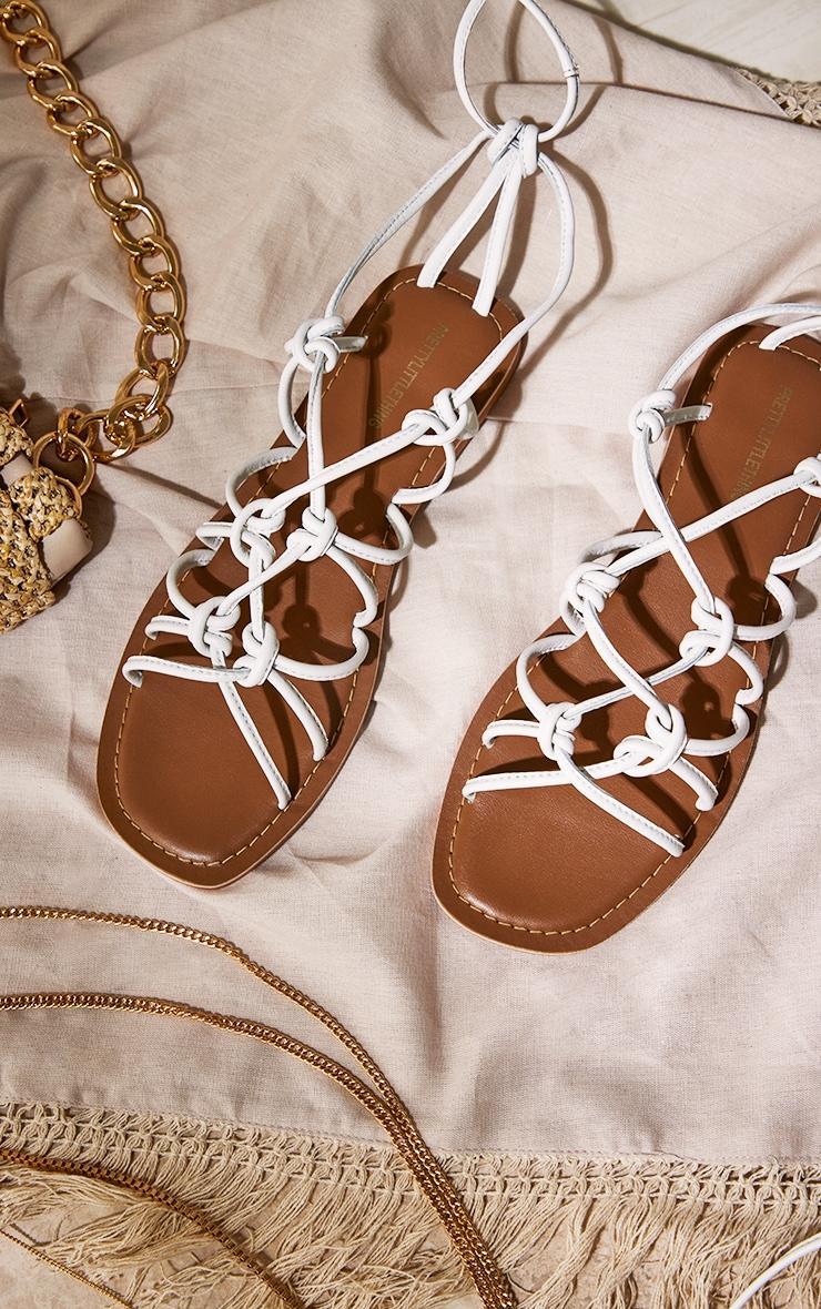 Real Leather White Metallic Square Toe Knotted Strap Tie Up Sandals Product Image