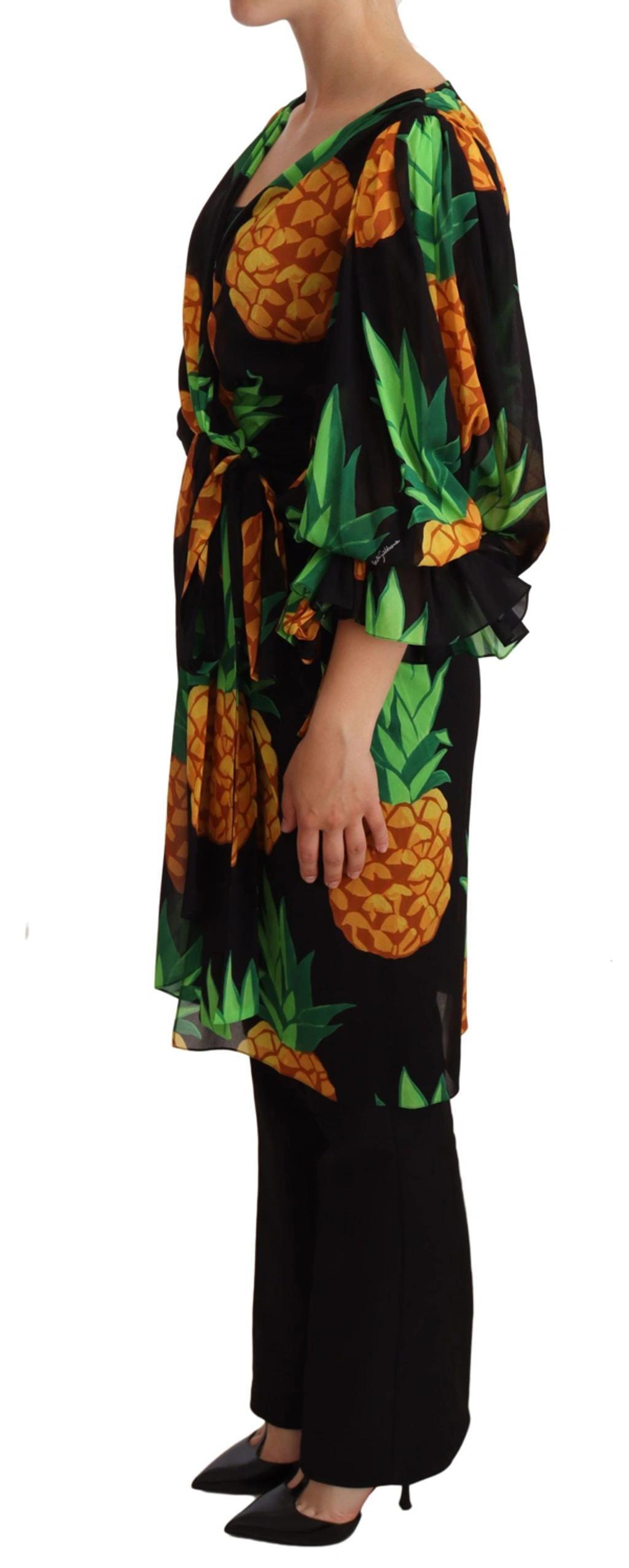 Black Ananas Print Wrap Stretch Silk Dress Product Image