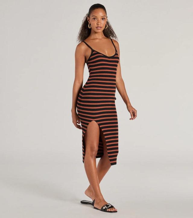 Trendy Staple Striped Ribbed Knit Midi Dress Product Image