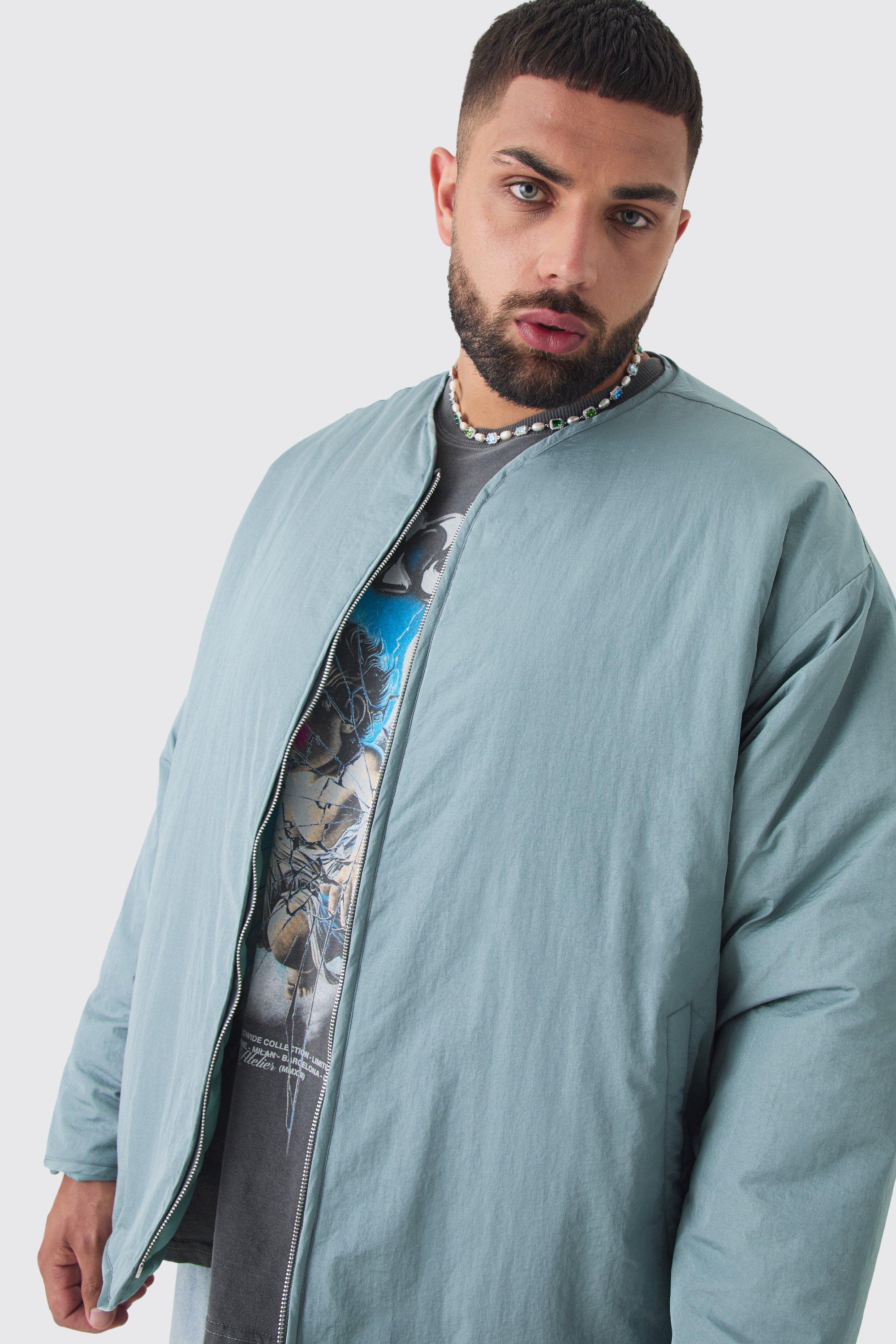 Plus Oversized Collarless Padded Bomber Jacket In Slate | boohooMAN USA product image