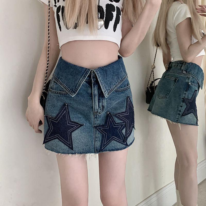 High Waist Washed Denim Star Mini Pencil Skirt Product Image