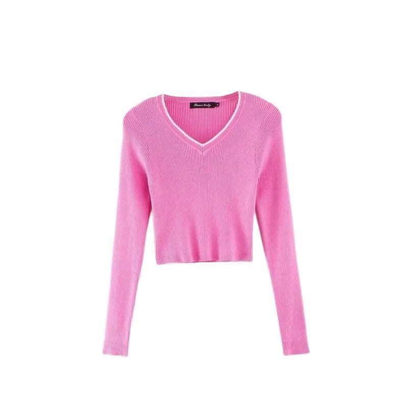 V-Neck Contrast Trim Crop Sweater Product Image