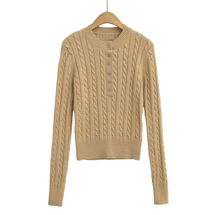 Long-Sleeve Plain Henley Cable Knit Top Product Image