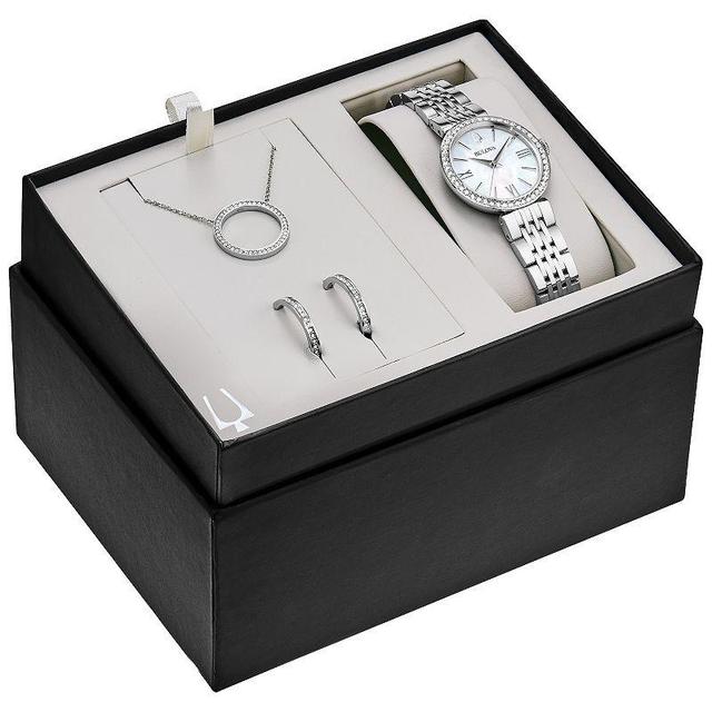 Bulova Womens Stainless Steel Crystal Accent Bracelet Watch, Circle Crystal Pendant Necklace & Hoop Earrings Box Set Silver Product Image