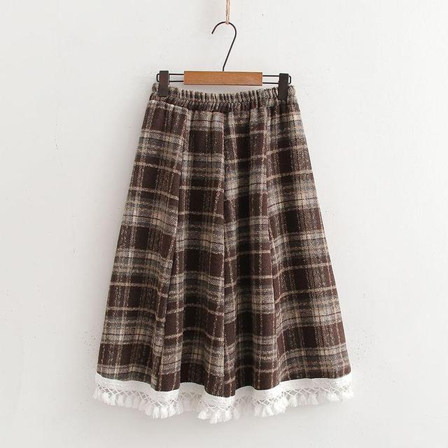 High Waist Plaid Midi A-Line Skirt Product Image