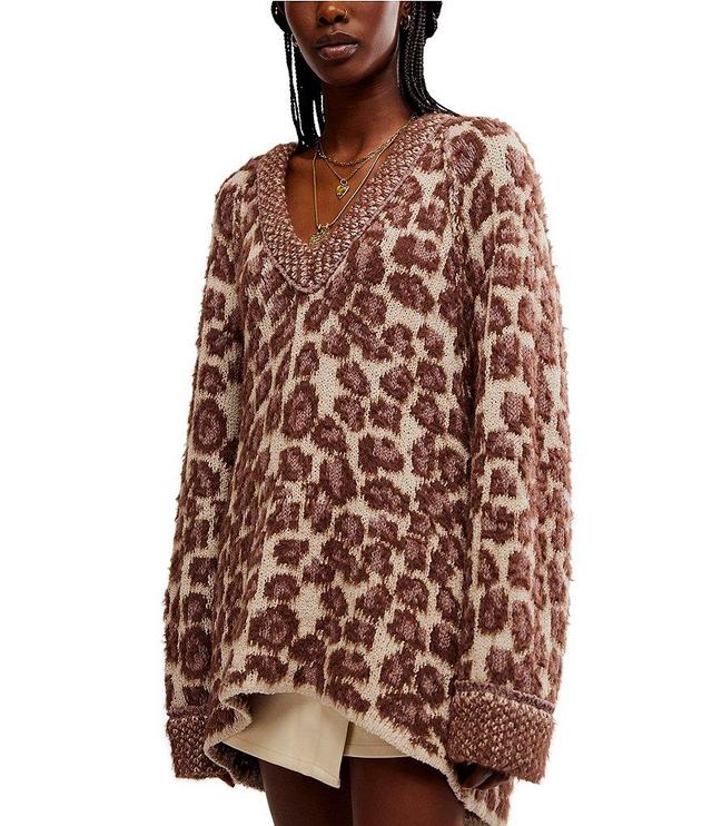 Free People Little Animal Leopard Print V Neck Long Sleeve Oversized Pullover Sweater Product Image