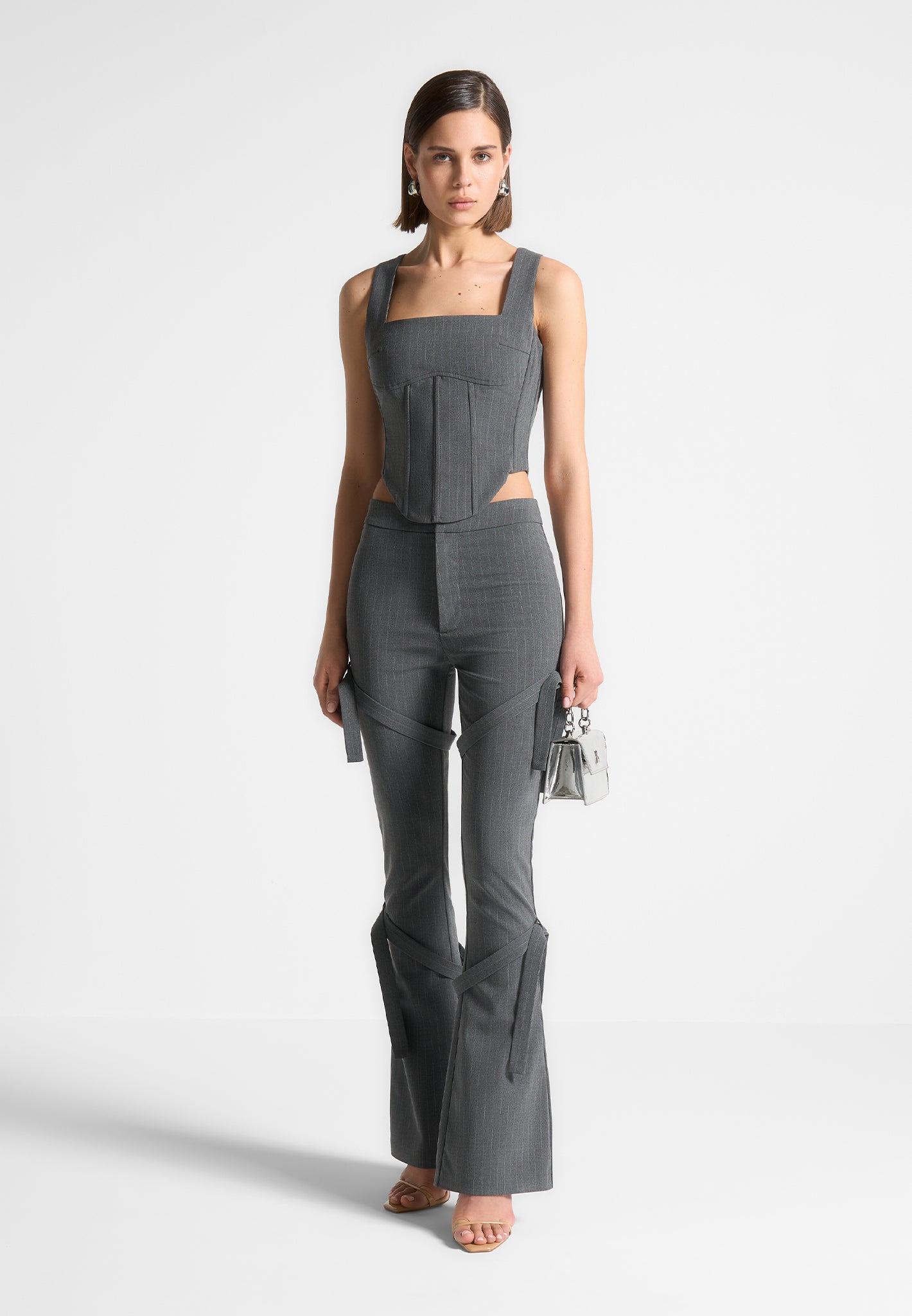 Square Neck Pinstripe Corset Top - Grey Female Product Image