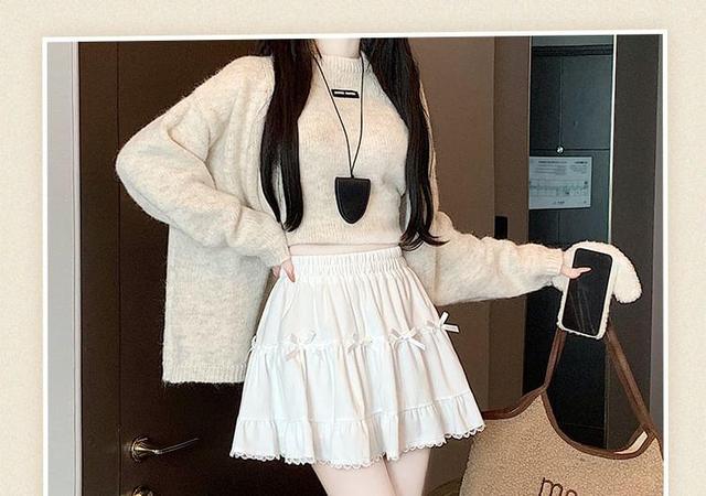 High Rise Plain Bow Lace Trim Mini A-Line Skirt Product Image