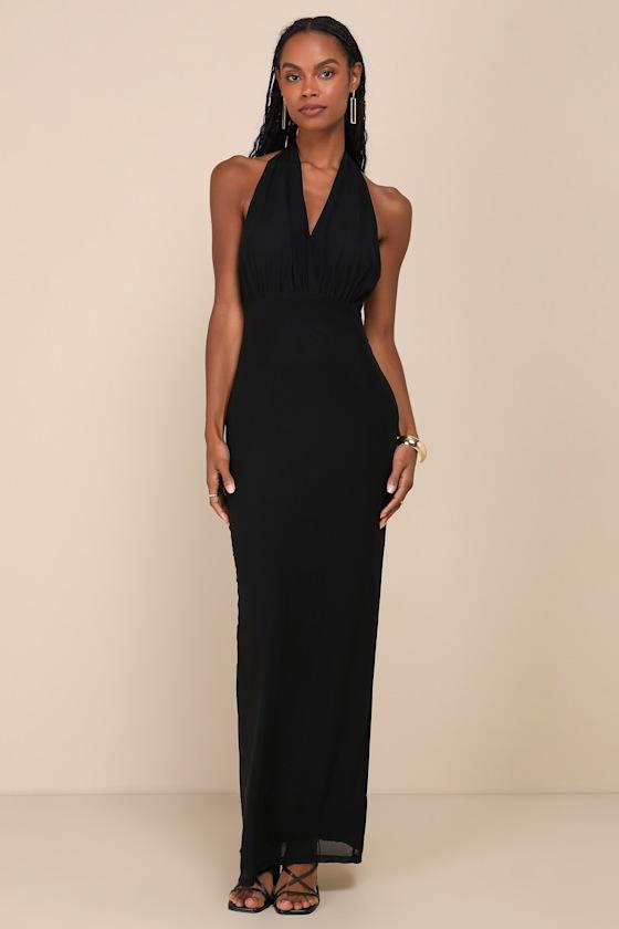 Celebratory Love Black Mesh Ruched Halter Maxi Dress Product Image