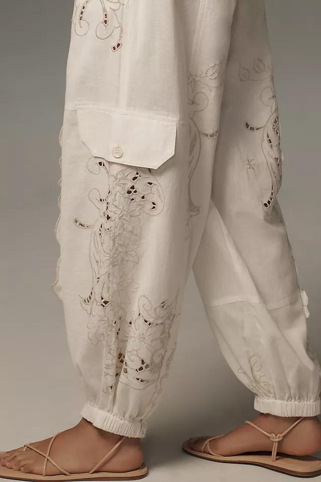 By Anthropologie Embroidered Linen Pull-On Joggers Product Image