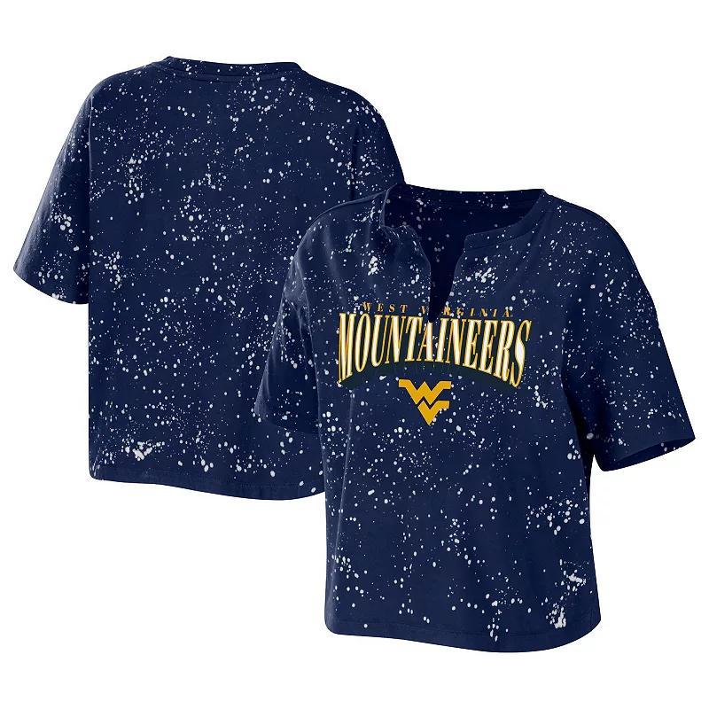 Womens Wear by Erin Andrews Navy West Virginia Mountaineers Bleach Wash Splatter Cropped Notch Neck T-shirt Product Image