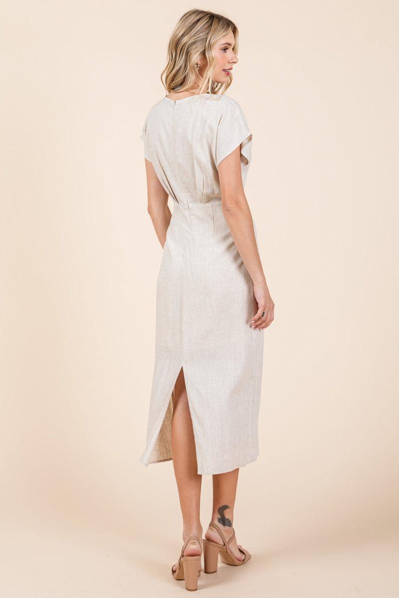 Linen V Neck Wrap Ruched Sheath Midi Dress Product Image