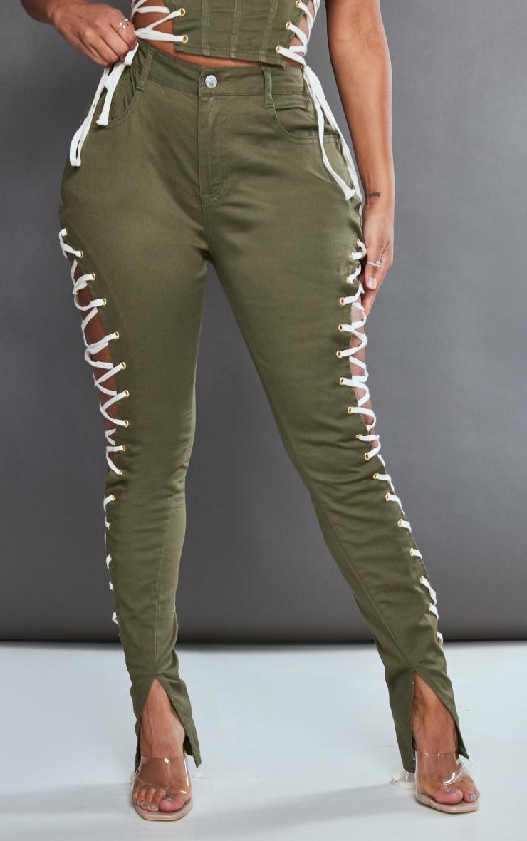 Shape Khaki Lace Up Side Skinny Jeans Product Image