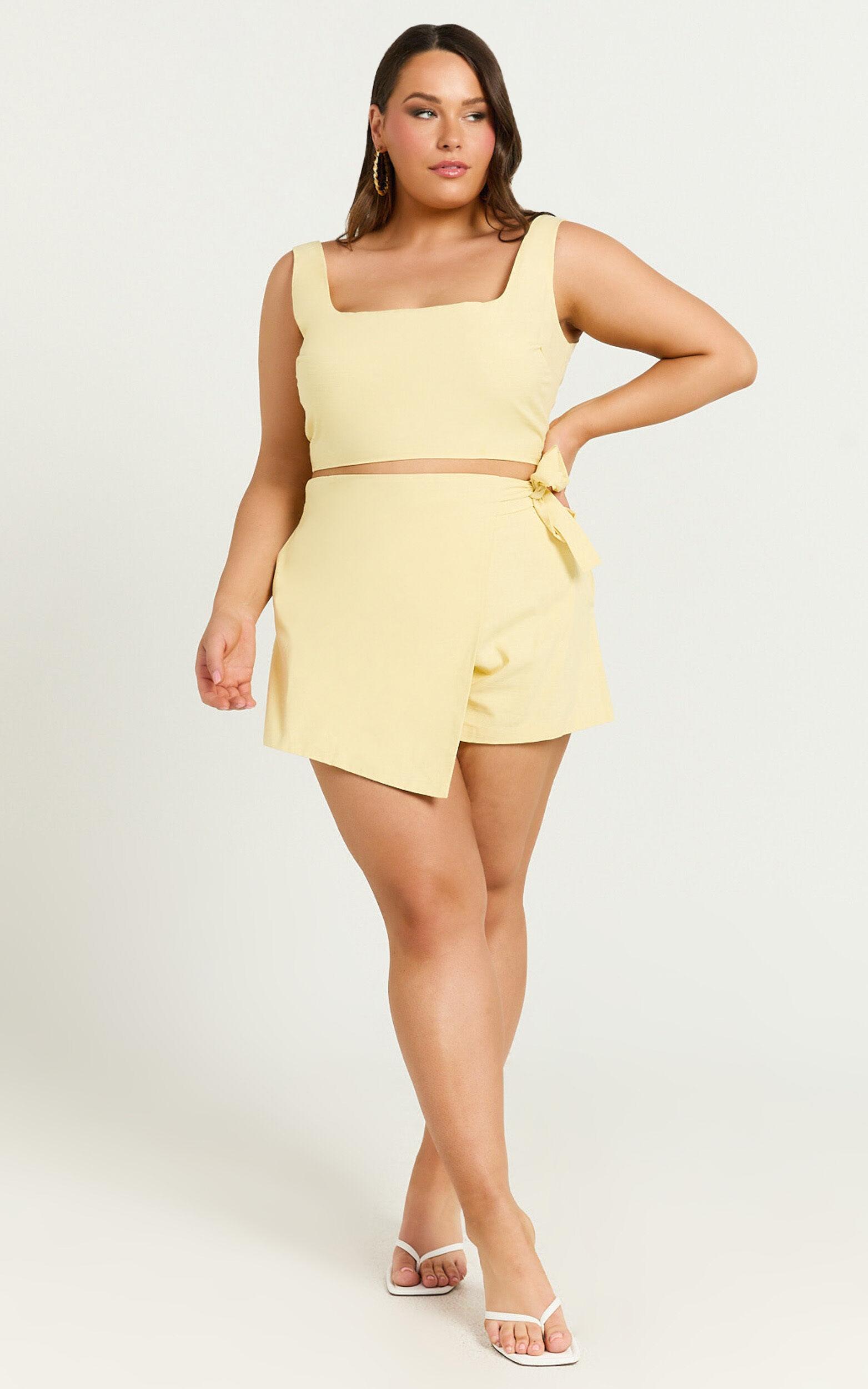 Polina Two Piece Set - Linen Look Square Neck Crop Top and Tie Waist Skort Set in Lemon Product Image