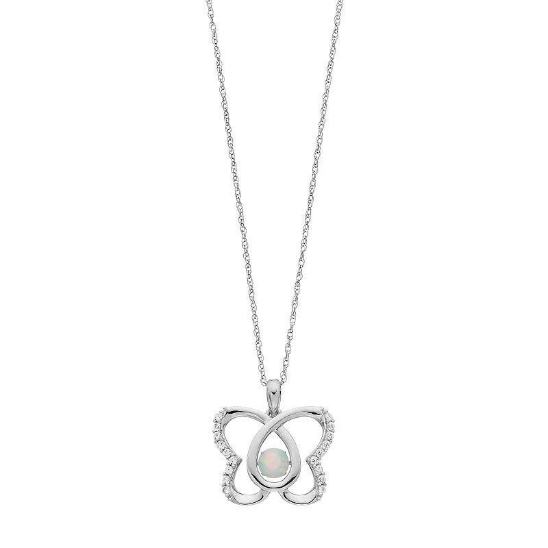 Sterling Silver Lab-Created Opal & White Sapphire Butterfly Pendant, Womens Product Image